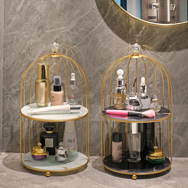 cage bijoux moderne or noir marbre élégante pinceau maquillage flacons cosmétiques diverse ornementalité respectueux