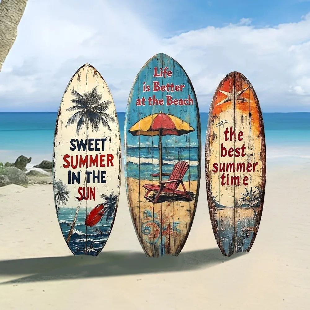 décoration murale surf plage palmiers parasols effet vieilli bois brut vintage rustique