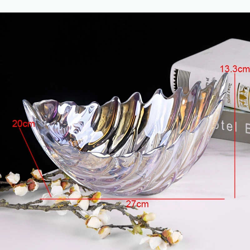 bol moderne plateau service assiettes fruits verre opalescent rayures ondulées couleurs vives deco cuisine