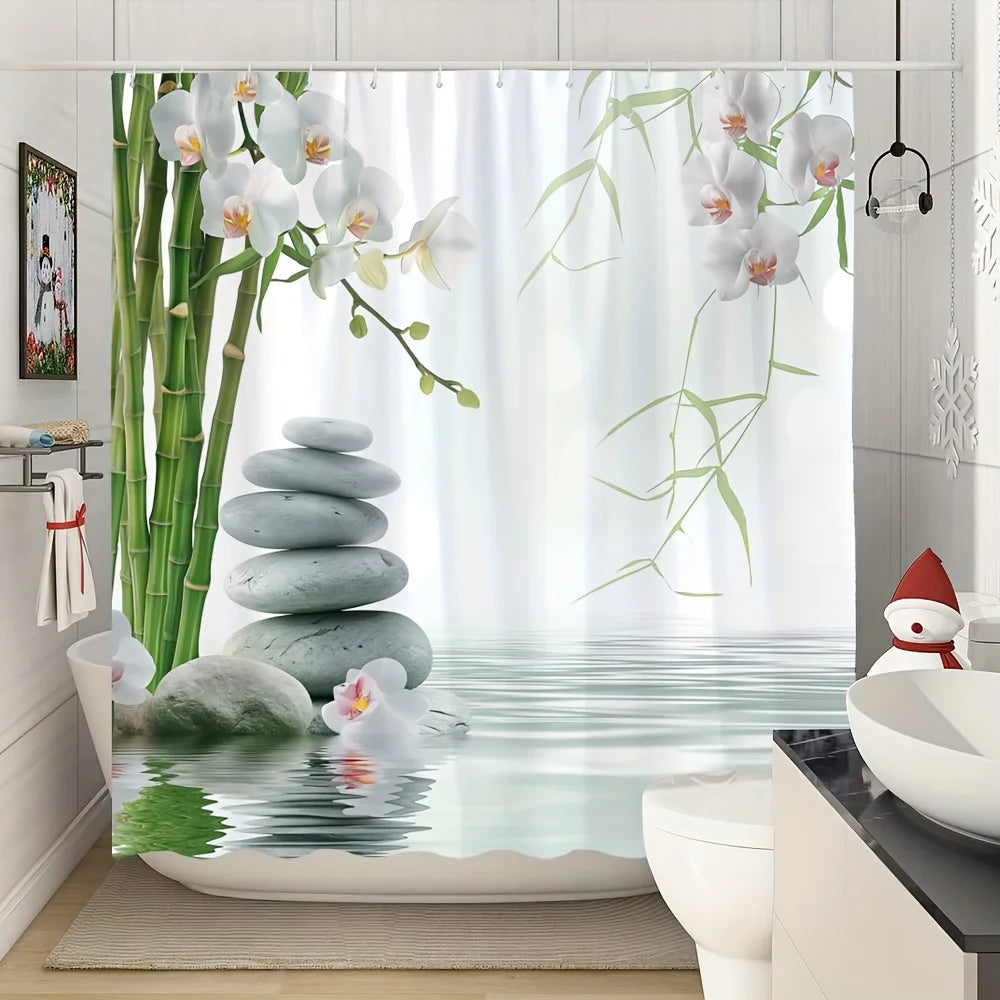 rideau douche moderne orchidées bambou pierres opalescent blanc vert gris rose naturel