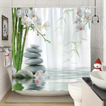 rideau douche moderne orchidées bambou pierres opalescent blanc vert gris rose naturel