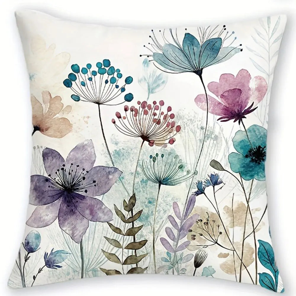 housse coussin polyester motif floral bleu violet rose moderne blanc