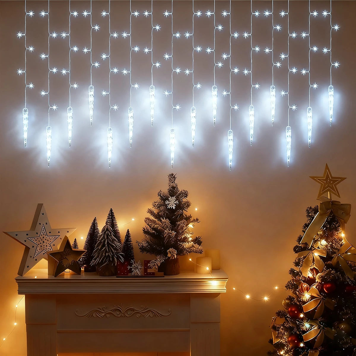guirlande lumineuse icicles blanc doré moderne décoration noël extérieure intérieure 96led blancfroid blancchaud festive