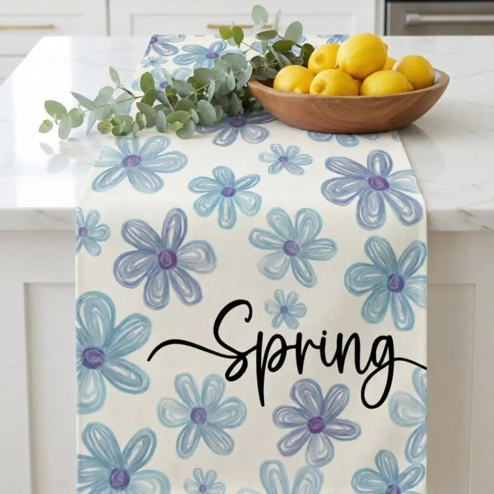 nappe table motif fleurs printemps calligraphie moderne bleu rose jaune vert blanc