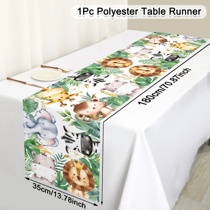 table cuisine nappe animaux savane aquarelle lion éléphant girafe zèbre enfant jungle festive