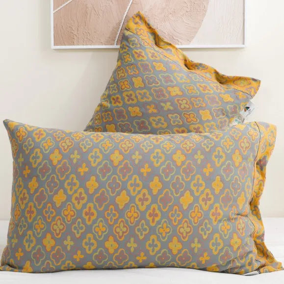 taies d'oreiller coton fleur vintage bleu orange gris décoration lit non toxique écologique