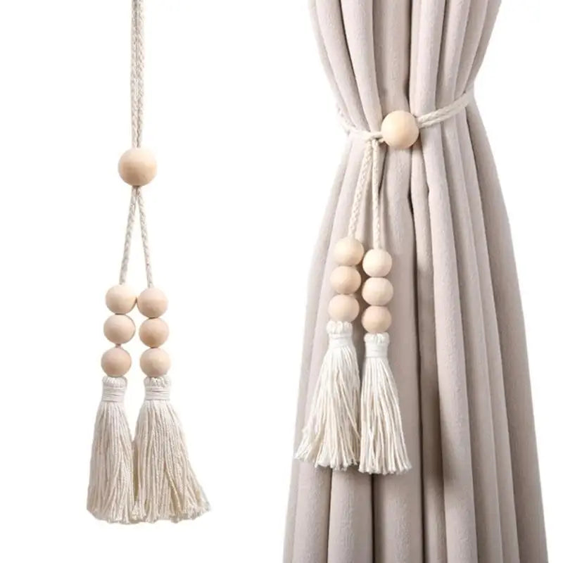 rideau polonais moderne beige uni bois pompons coton accessoires cotonnants