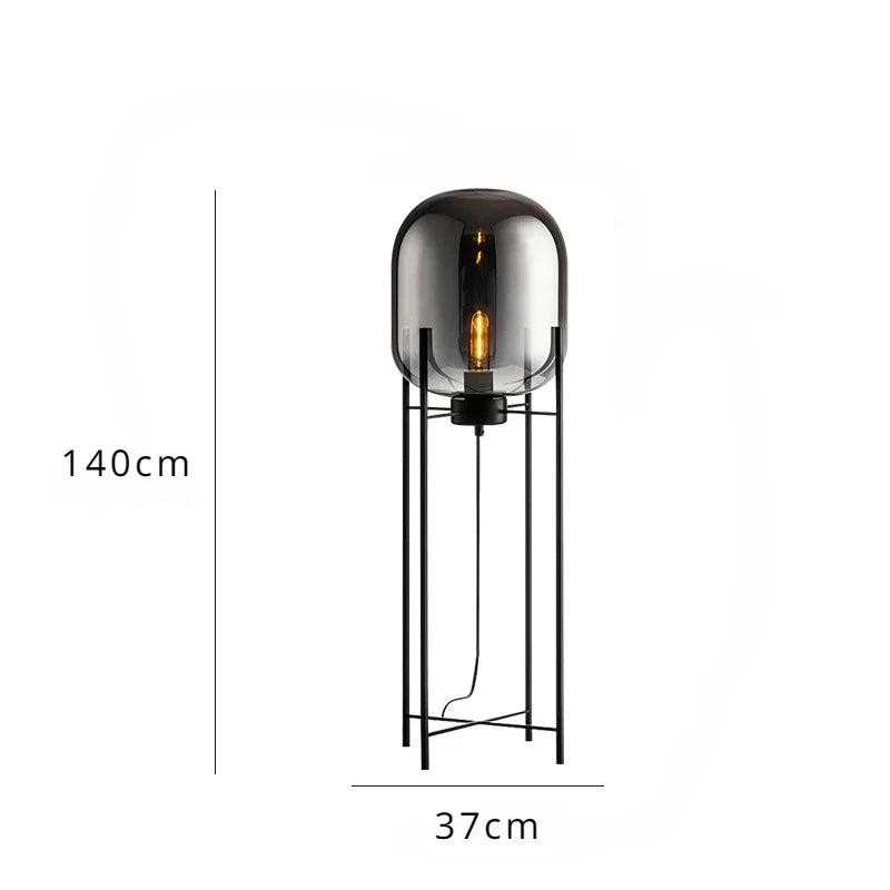 lampe sol moderne transparente ampoule filament noir gris fumé led verre minimaliste