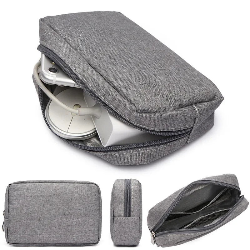 sac main gris toile classique fermeture glissière chargeur cable usb souris travel gọn