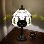 lampe table tiffany cat face stained glass noir blanc verte jaune vitrail