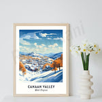 Paysage enneigé de la vallée de Canaan en Virginie-Occidentale, avec des montagnes, des arbres aux couleurs automnales et un village pittoresque sous un ciel bleu parsemé de nuages.