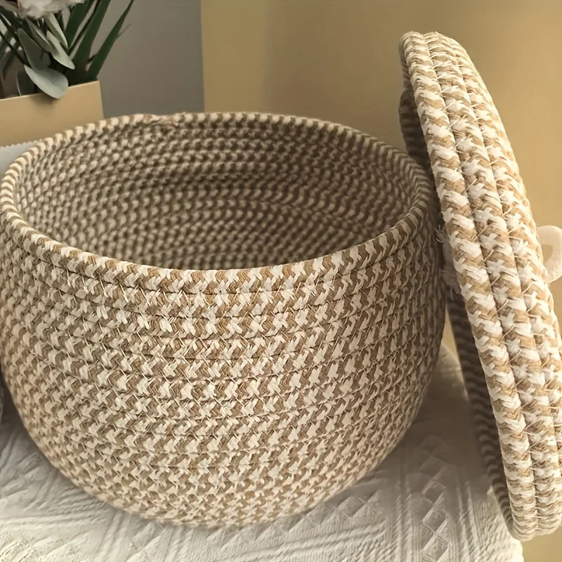 panier rangement tissé géométrique rustique beige clair foncé bohème couvercle opacité multifonctionnel