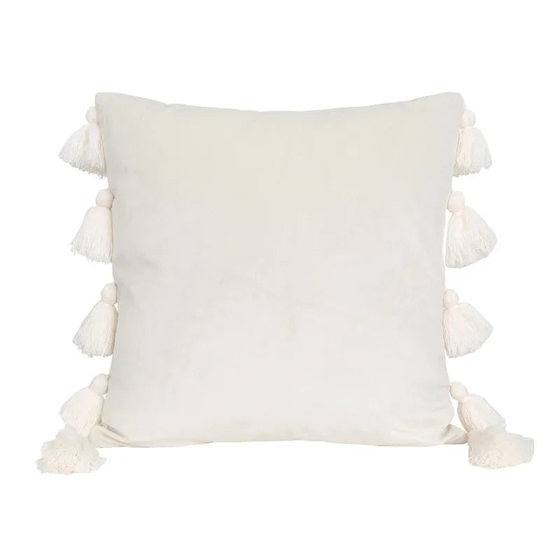housse coussin velours moderne bohème couleur unie pompon décoratif 45x45cm
