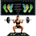 tapis entraînement musculation noir vert jaune bleu pieds coordonnées instructions anglaises 80x35cm