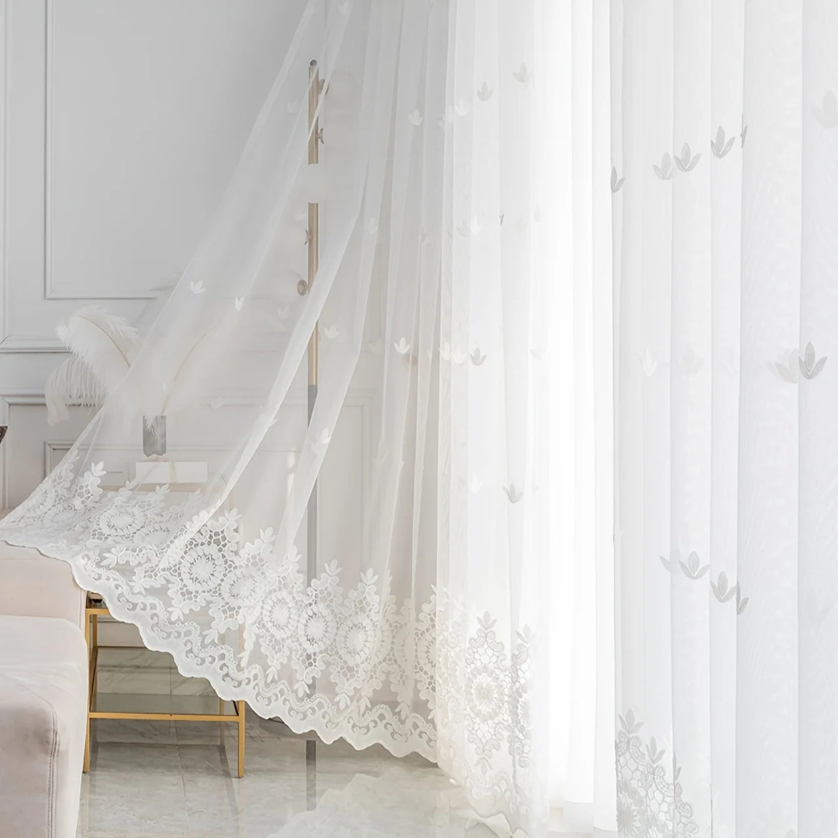 rideau blanc brodé floral transparent classique polyester salon chambre 100x200cm