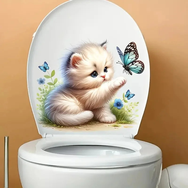 autocollant mural chaton papillons fleurs adhésif pvc moderne illustration réaliste blanc beige bleu vert