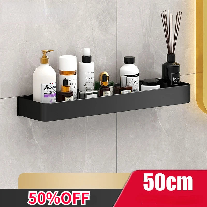étagères murales modernes noires clips serviettes brosses lotions flacons salle bain