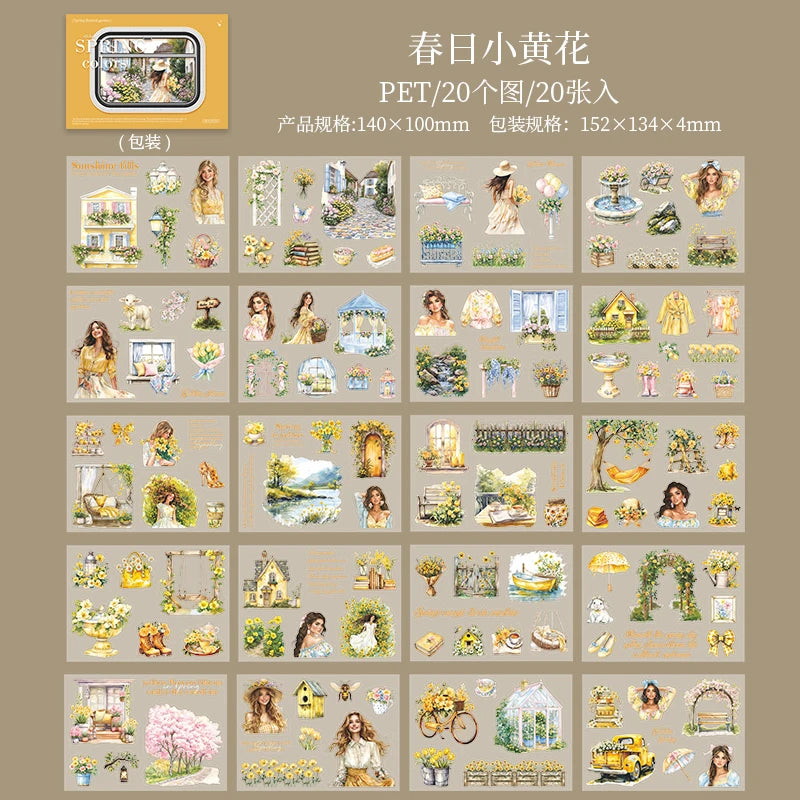 livre autocollants illustrations vintage fleurs papillons textes couleurs printemps jardin