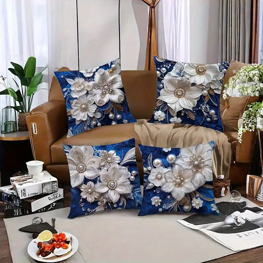coussin élégant bleu fleurs dorées classique 45x45cm polyester casa chambre decoration
