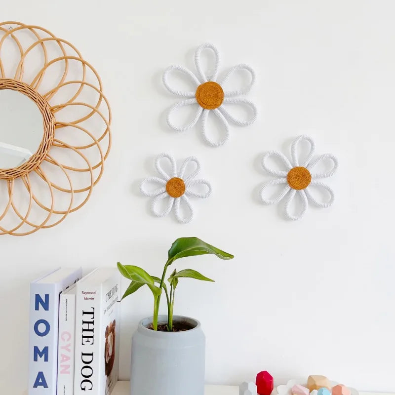 décoration murale corde tressée motif floral blanc jaune marron créative artisanale chambre salon 25cm
