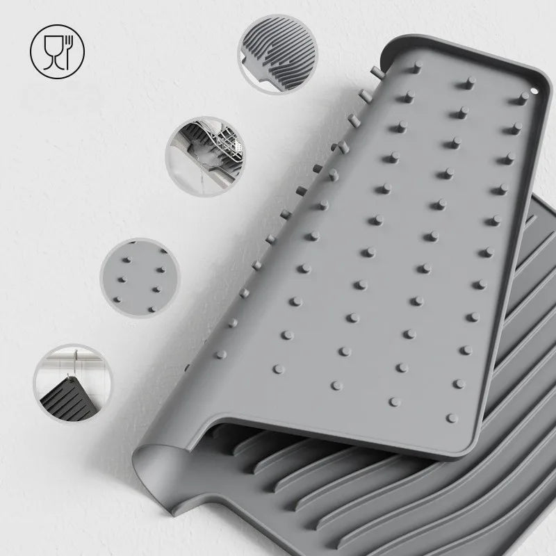 tapis séchage vaisselle silicone gris moderne rayures diagonales facile nettoyage comptoir évier refroidisseur