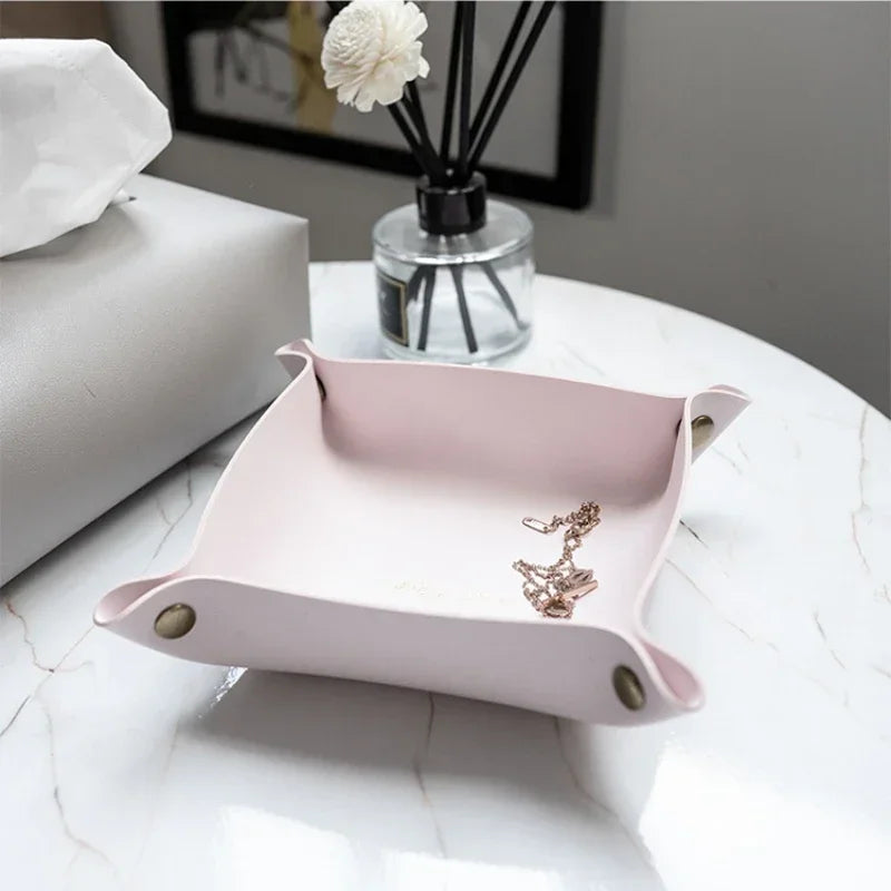 plateau bijoux simili cuir rose pâle dorés moderne 15cm 15cm rangement cosmétiques rechargeableversible