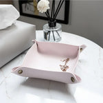 plateau bijoux simili cuir rose pâle dorés moderne 15cm 15cm rangement cosmétiques rechargeableversible