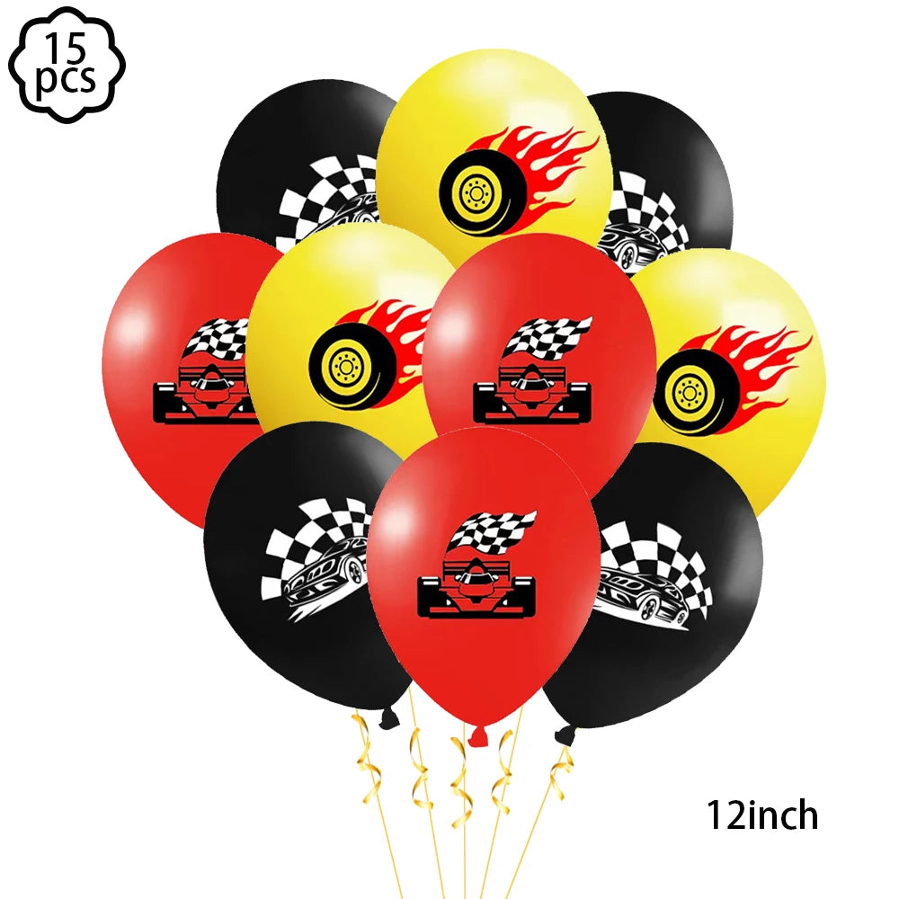 ensemble décoration anniversaire voiture course assiettes gobelets bannière table runner ballon géant papier