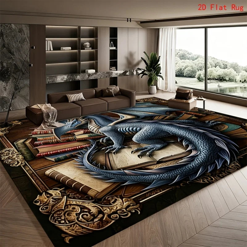 tapis moderne rectangle polypropylène antidérapant chat dragon flammes noir bleu orange