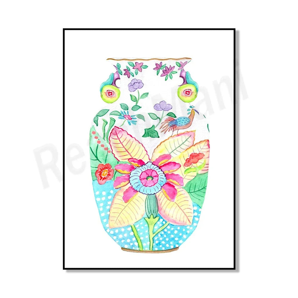 Vase coloré avec motifs floraux et oiseaux décoratifs.