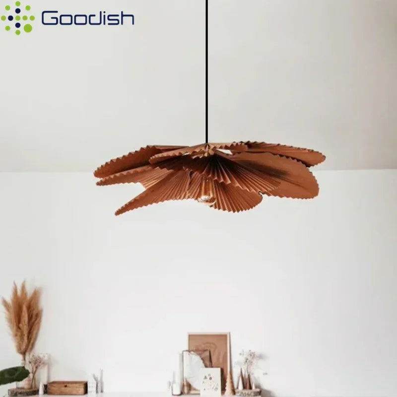 Suspension lumineuse moderne feuilles plissées marron clair salon chambre papier pliable éclairage blanc chaleur