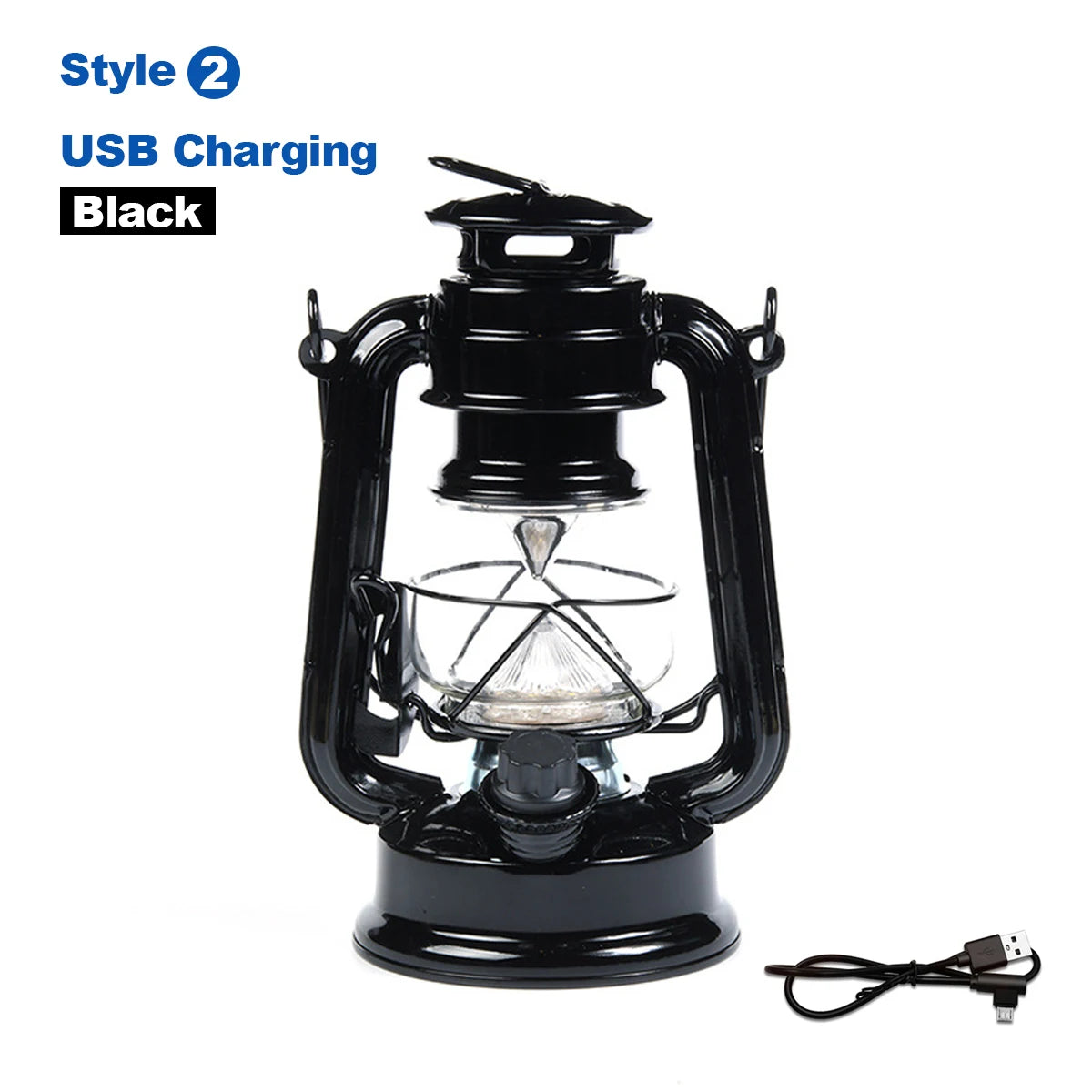 lanterne solaire vintage verre transparent métal noir camping extérieur led recharge usb