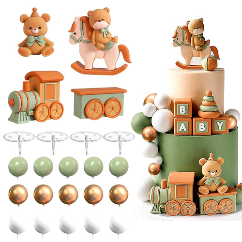 figurines decoratives ours train clips decoration gateau enfantin vintage marron vert doré anniversaire mariage