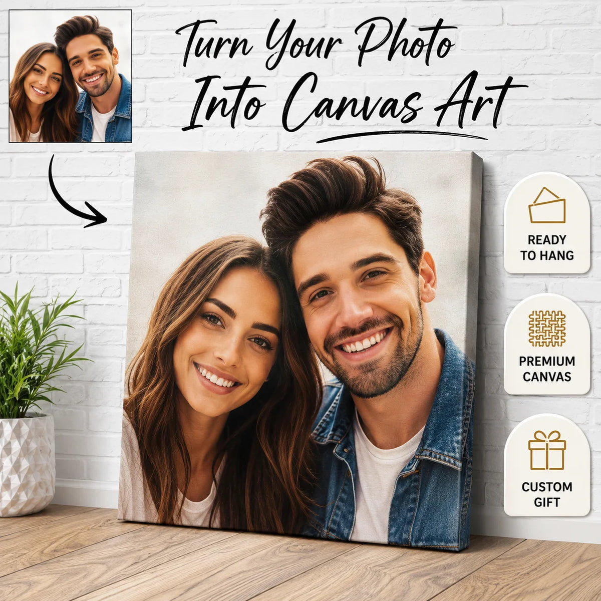 toile d'art personnalisable photo souriante moderne blanc bleu beige prête accrocherDecorationIntérieureUniqueCadeauFamilleCouple