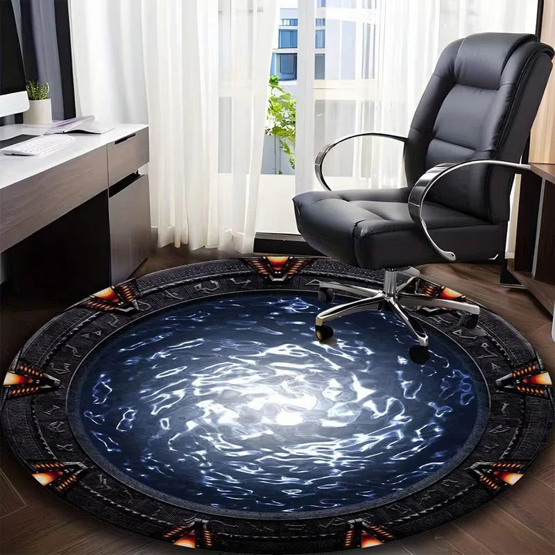 tapis rond moderne bleu gris noir texture eau motif géométrique antidérapant salon chambre crèche