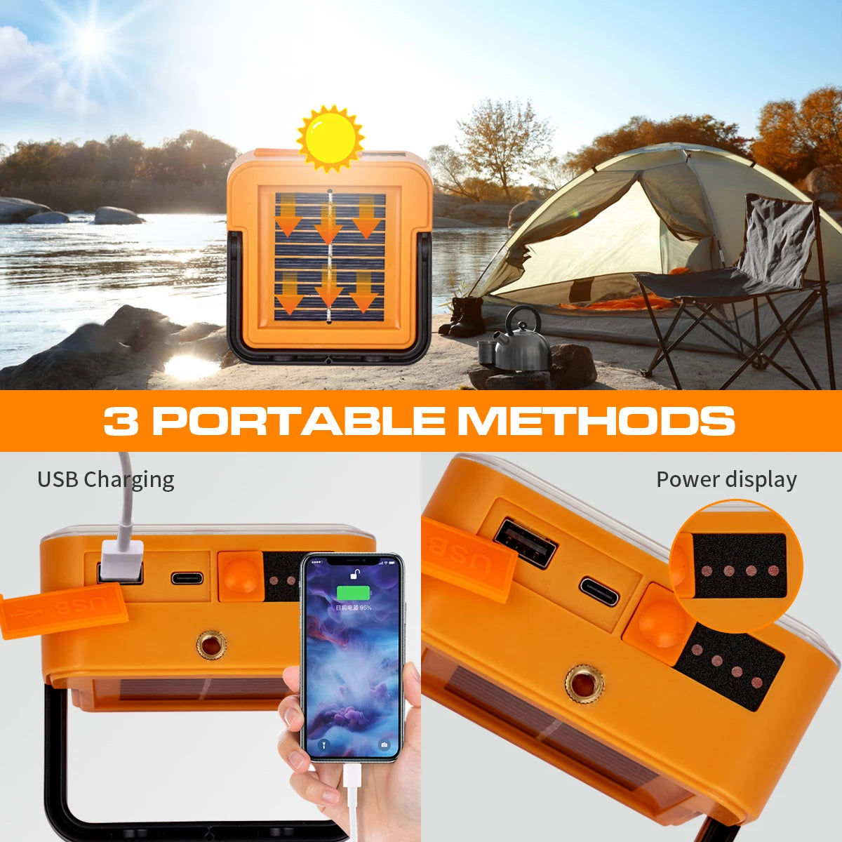 lampe solaire portative orange moderne recharge solaire usb poignée aimant emergency light camping