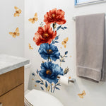 autocollant mural fleurs papillons rouge bleu doré floral résistant l'eau PVC adhésif moderne chambre