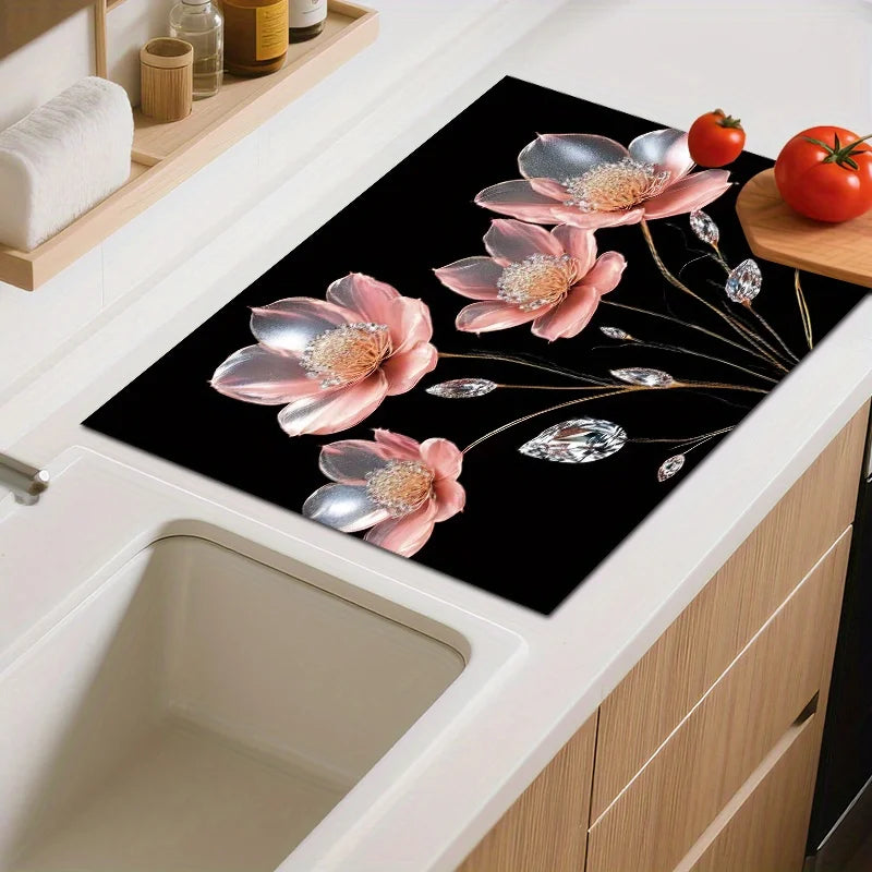tapis protection cuisine moderne floral noir rose pâle diamants dorés 72x52cm sécuritaire facile nettoyage