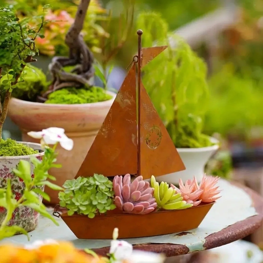 pot fleurs bateau métal vintage marron rustique compas succulentes decoratif