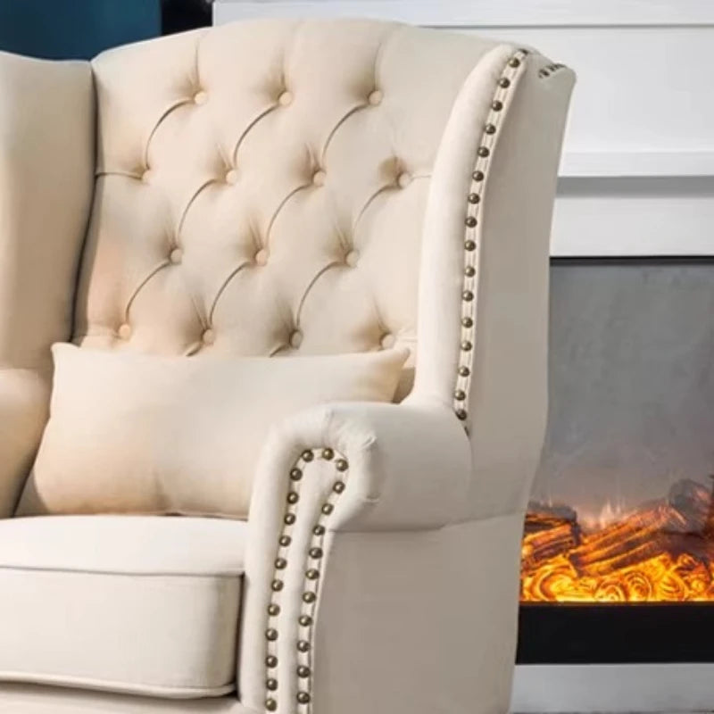 fauteuil club chesterfield tissu capitonné coussins décoratifs bois sculpté living room adult single sofa