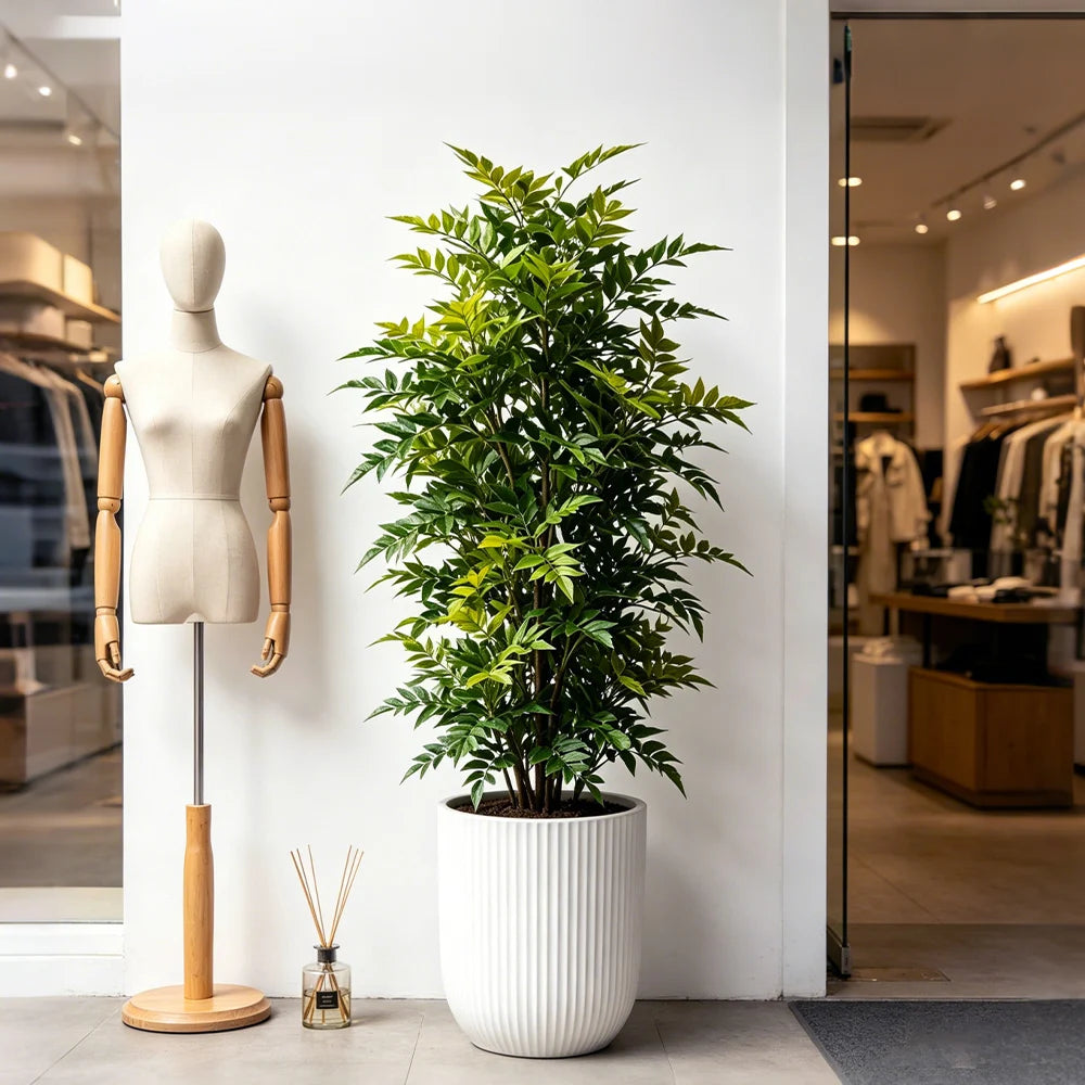 arbre artificiel feuilles vertes pot rayé décoration intérieure plante verte tiges fines tropical