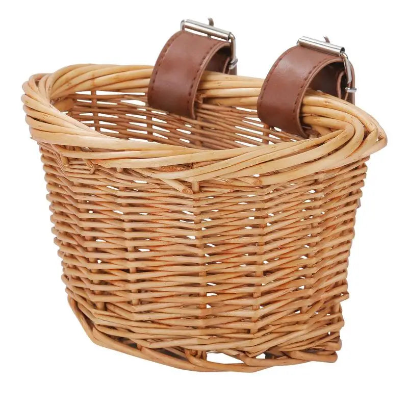 panier vélo enfant tressé wicker doublure marron sangles réglables vintage rustique