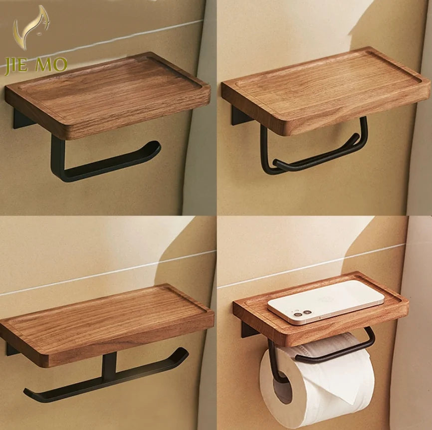 support mural papier toilette plateau bois naturel noir moderne minimaliste clips inclusion papier toilette
