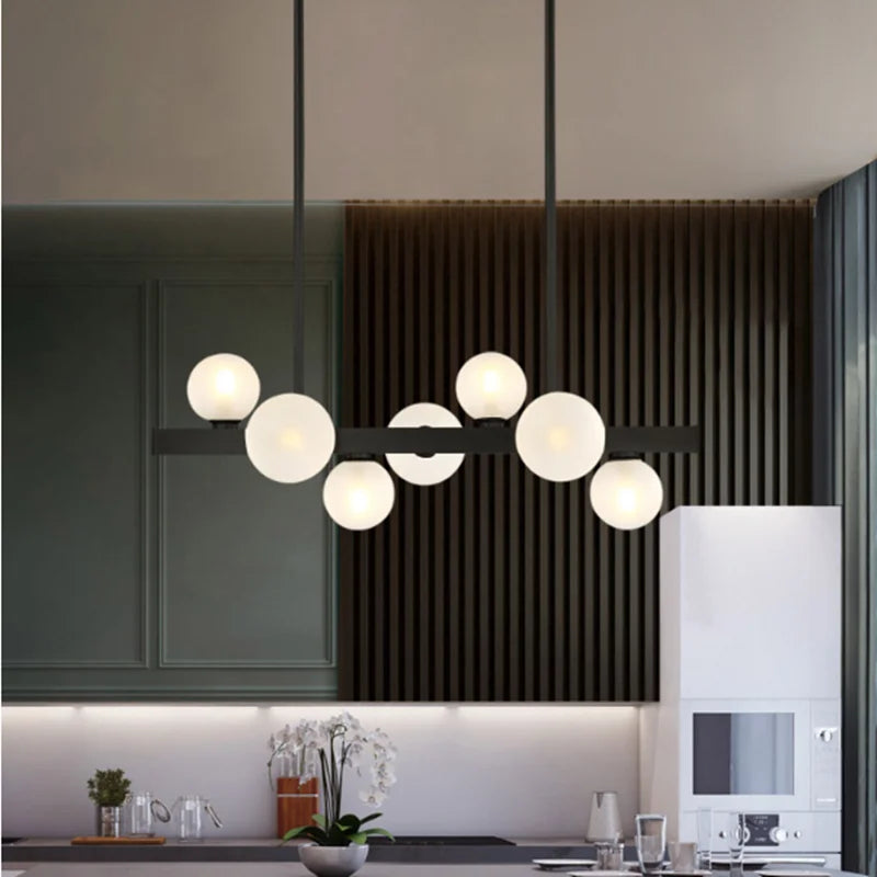 suspension lumineuse moderne or blanc boules translucides chaines interrupteur tactile