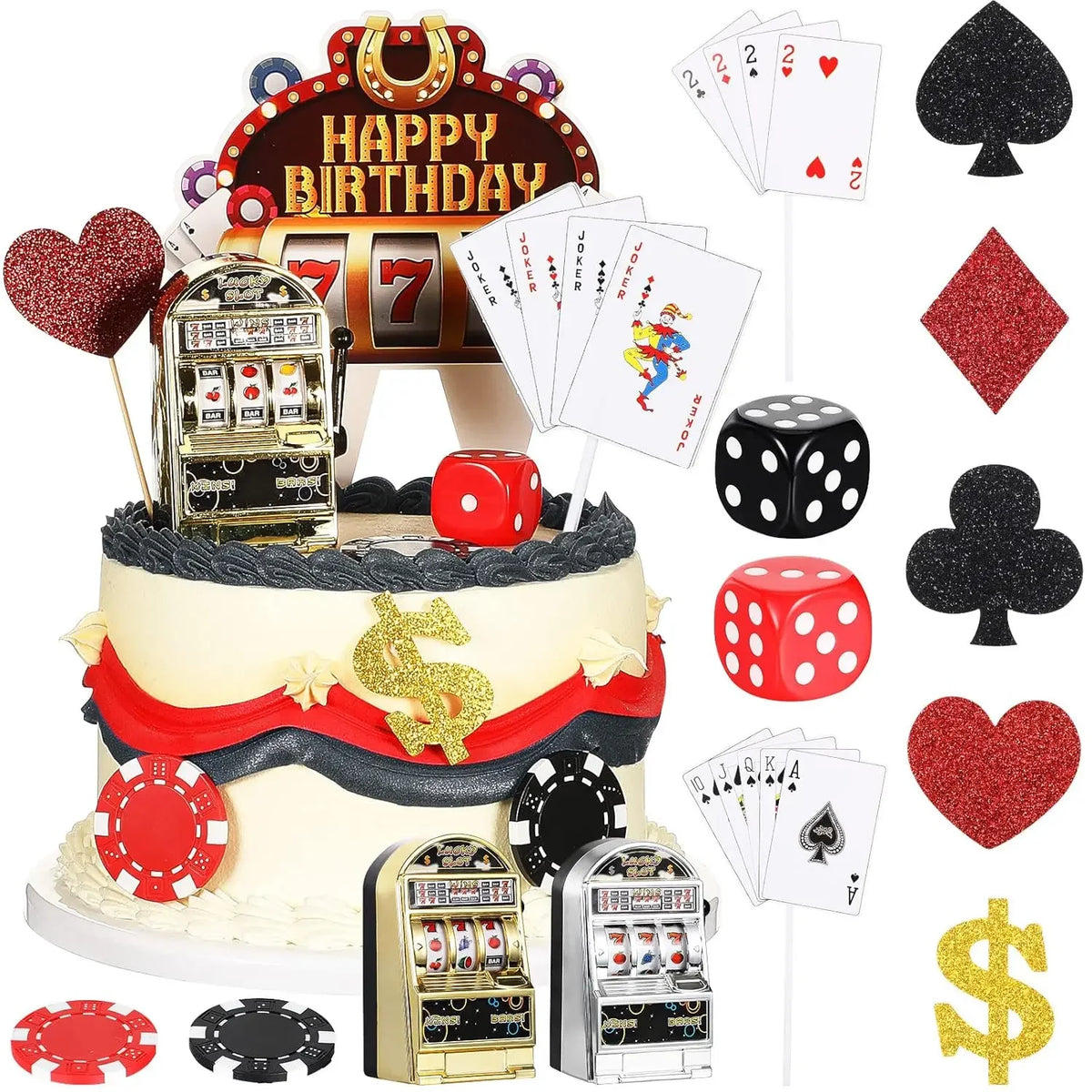 décorations fête anniversaire machines sous cartes poker jetons dés symboles or noir rouges blancs