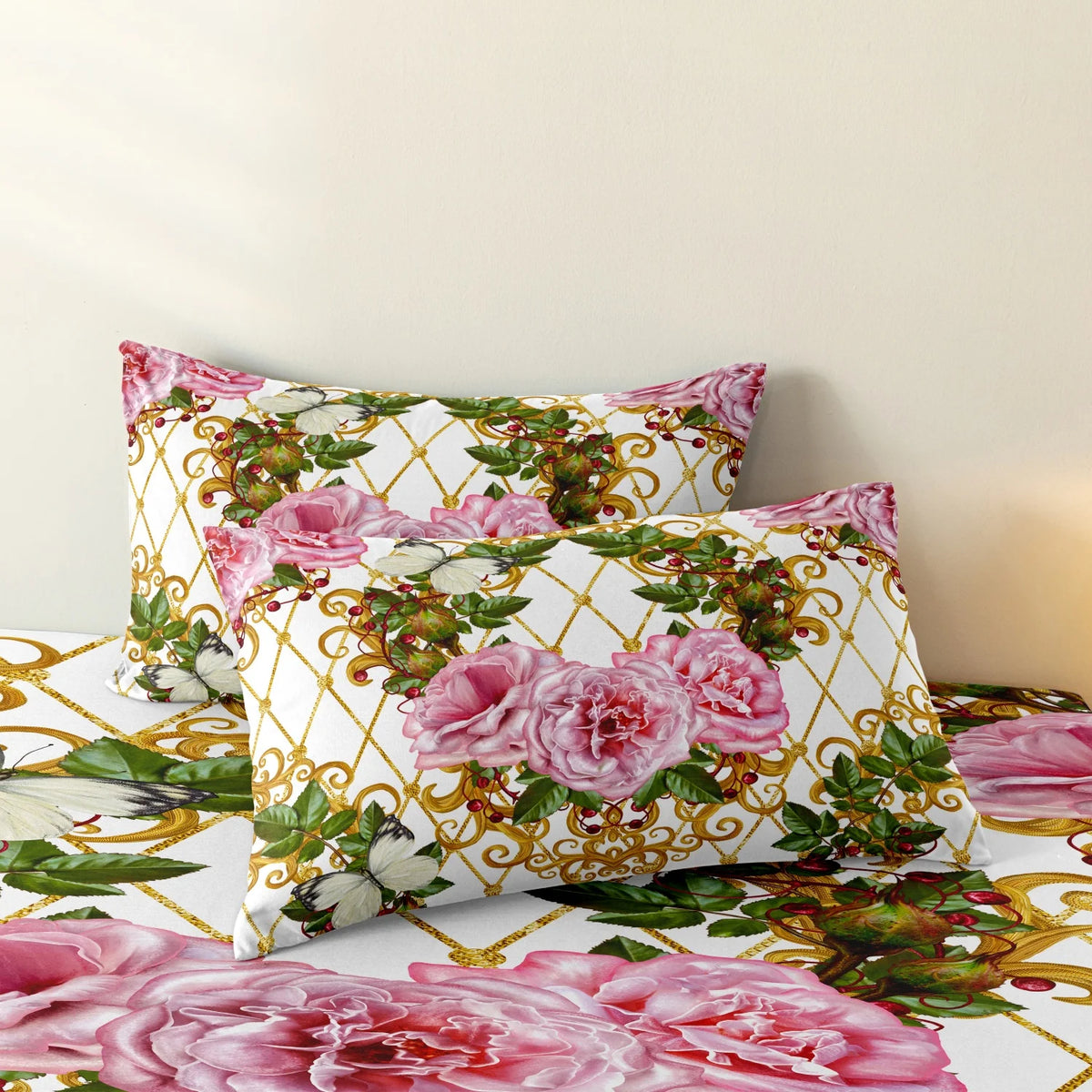ensemble lit floréal rose vert or couette taies d'oreiller motifs floraux baroque moderne