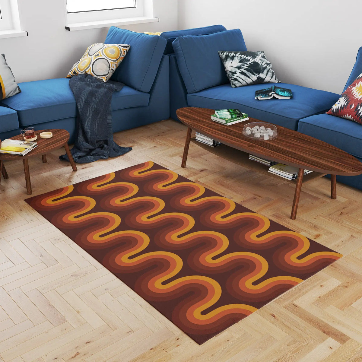 tapis marron orange rouge moderne rétro rayures ondulées polyester salon chambre extérieur
