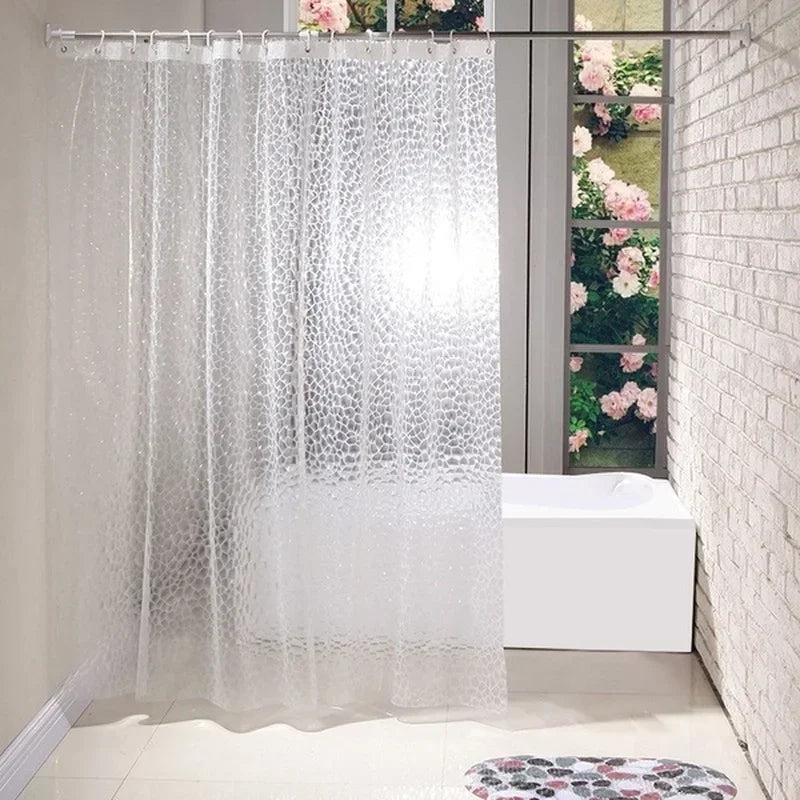 rideau douche moderne 180x180cm éva relief motifs géométriques blanc bleu vert translucide respectueux environnement