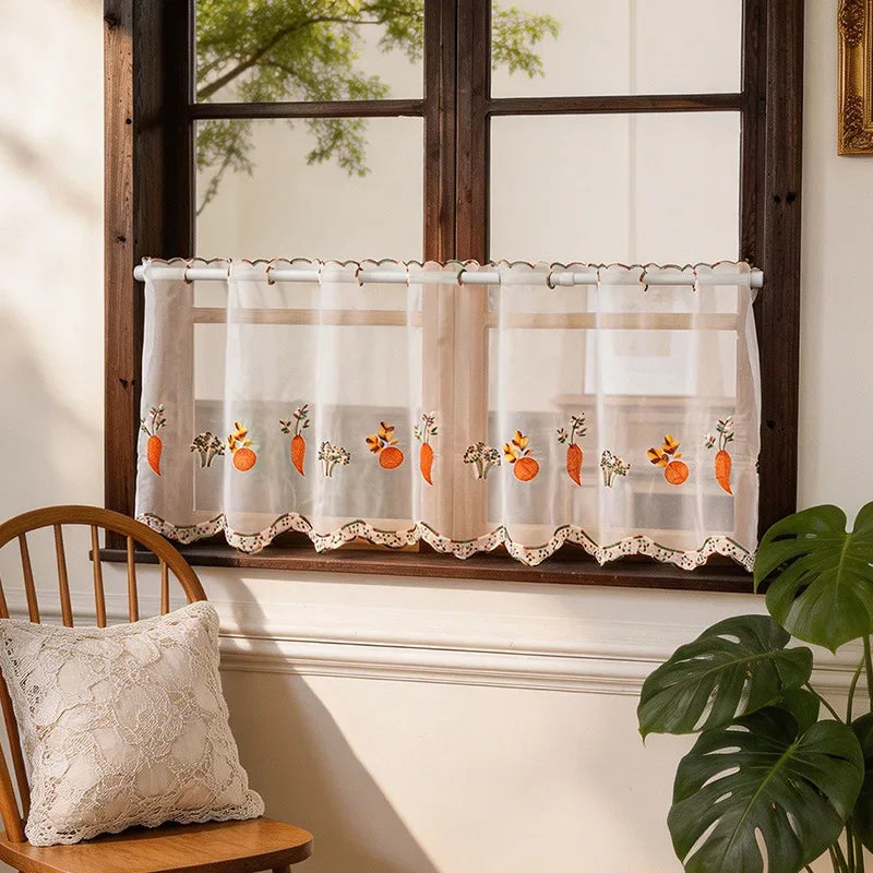 rideau floral transparent polyester motifs géométriques blanc orange vert rouge