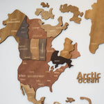 autocollants bois carte monde abstraite géographique marron clair continents pays villes bateau avion arctique